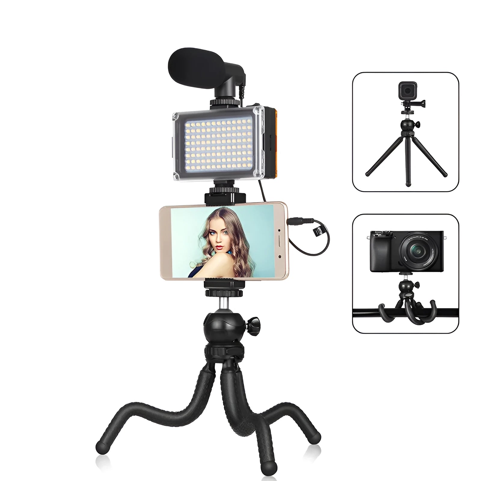 Black Octopus Yripod live broadcast kit with flexible tripod legs, fill light, and microphone for iPhone