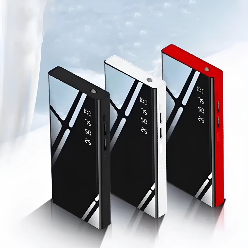 20000mAh power bank with LCD display showing battery percentage, dual USB ports, and compact black design