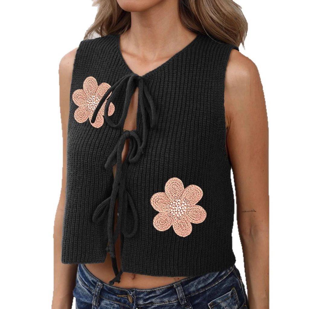 Ladies' sleeveless cardigan vest with lace-up front and bow detailing in deer plush polyester fabric