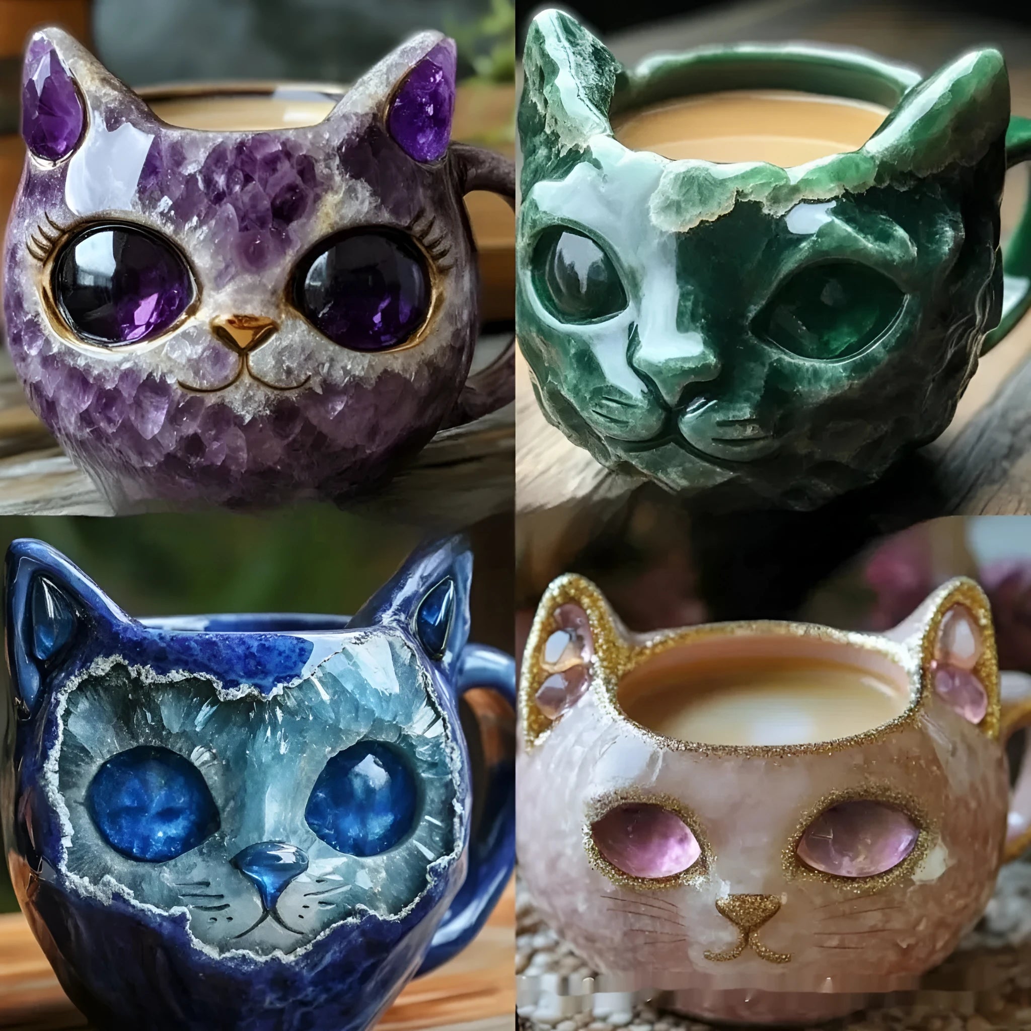 Geode crystal cat resin mug in blue colour with handcrafted design, 11cm tall drinking vessel