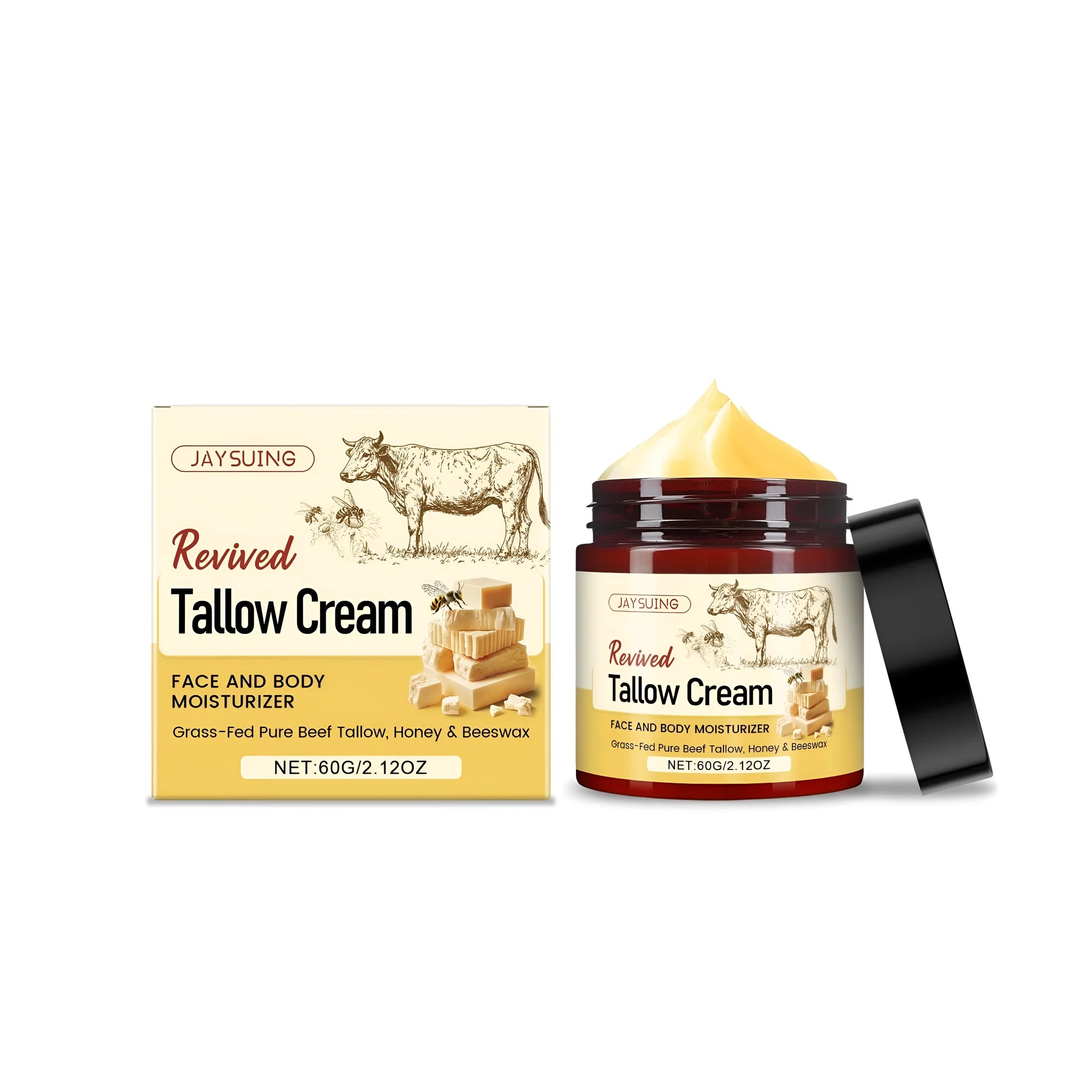 60g glass jar of Revived Tallow moisturising cream on a wooden surface.