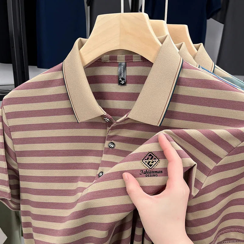 Red striped men's short sleeve t-shirt with mosaic pattern detail on a mannequin.