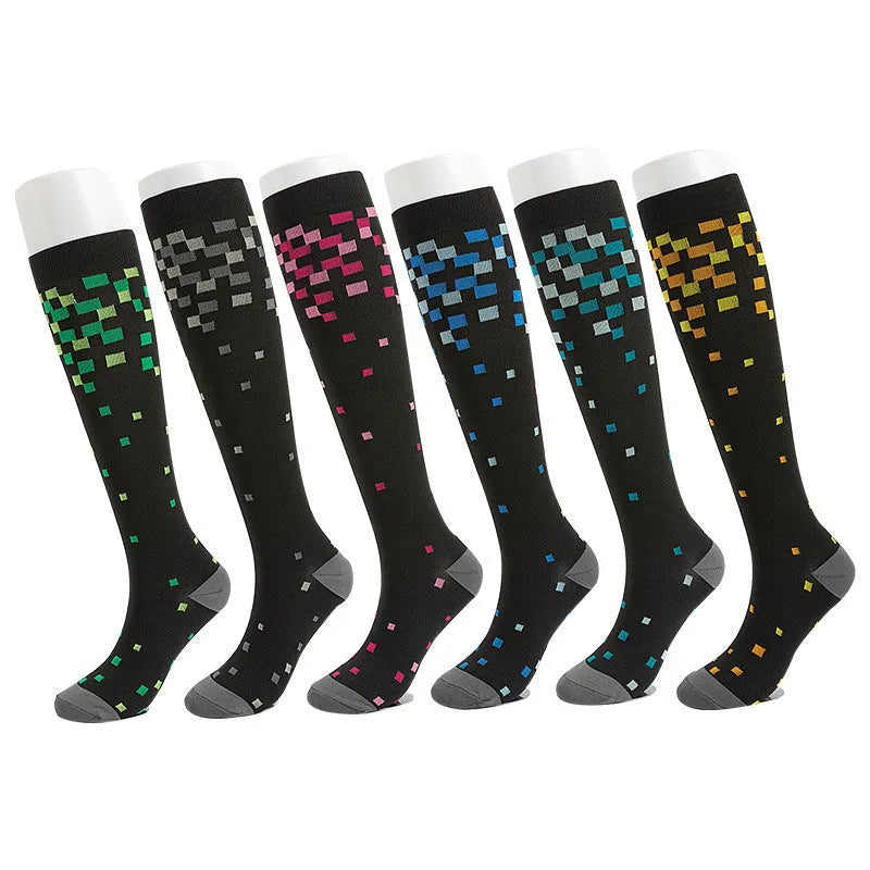 Pair of mixable compression socks in black nylon silk with jacquard pattern for cycling sports