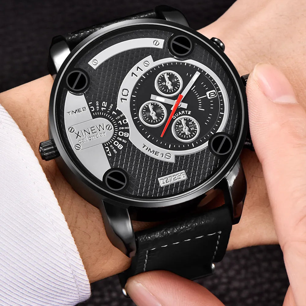 Mens big analogue wristwatch with leather strap and date window, 5cm dial, black colour option