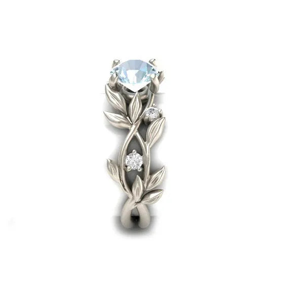 European American fashion zircon princess engagement ring with leaf design in aqua blue