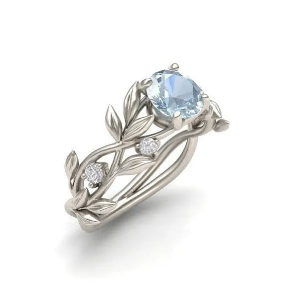 European American fashion zircon princess engagement ring with leaf design in aqua blue