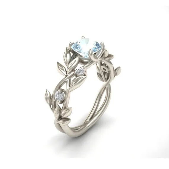European American fashion zircon princess engagement ring with leaf design in aqua blue