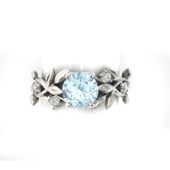 European American fashion zircon princess engagement ring with leaf design in aqua blue