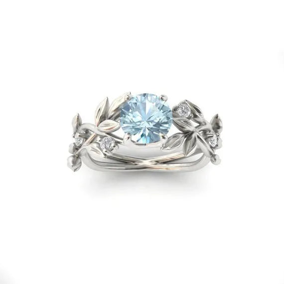 European American fashion zircon princess engagement ring with leaf design in aqua blue