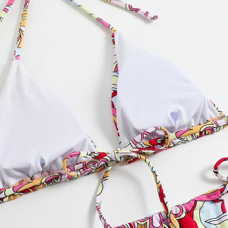 Women's multicolour triangle print bikini swimsuit with separate system and hanging neck design