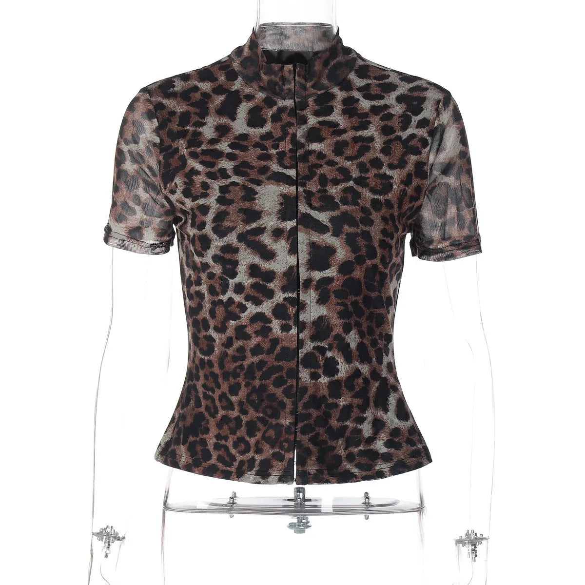 Women's slim-fit short-sleeved leopard print polyester pullover top on model
