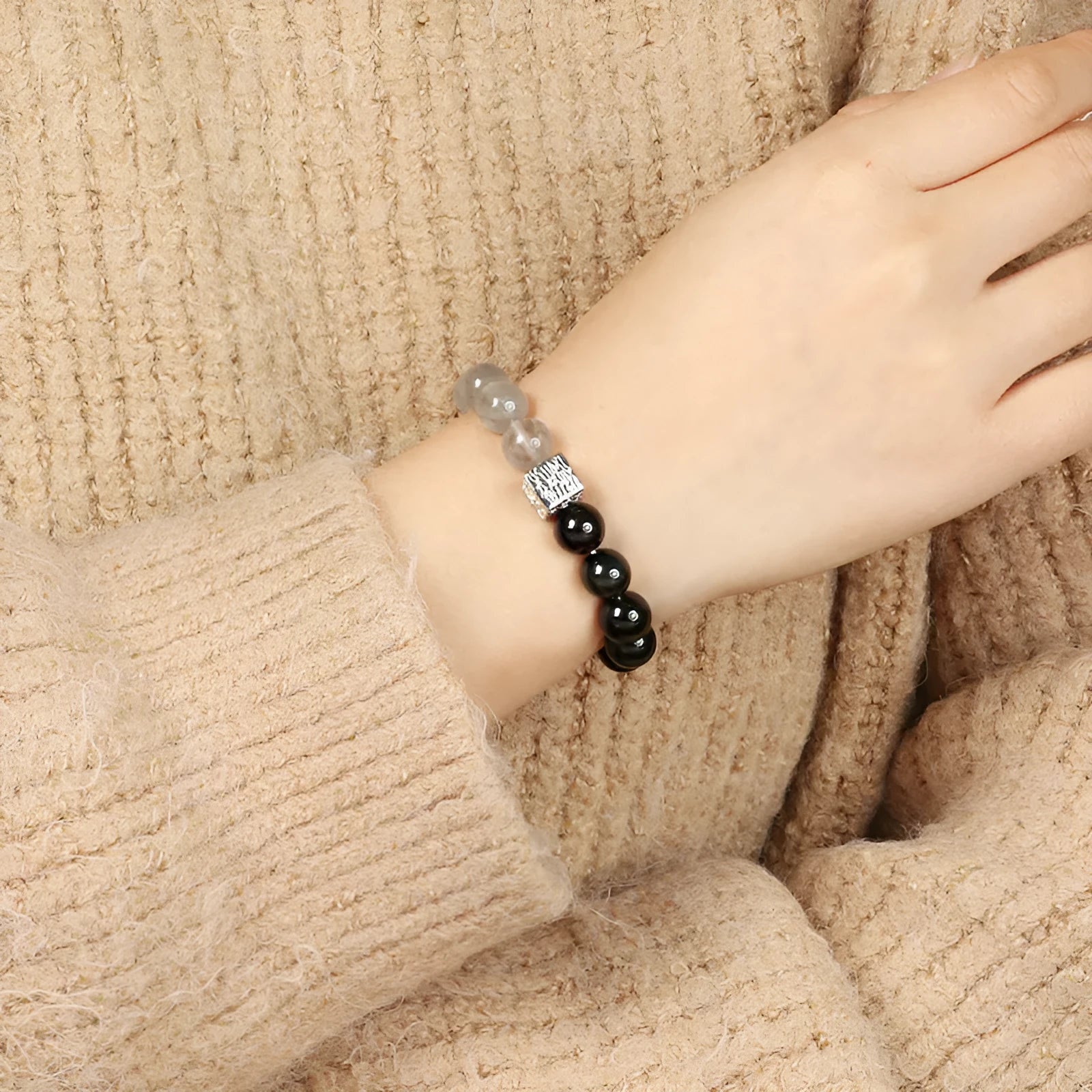 Khaki crystal couples bracelet with Chinese geometric design measuring 10mm width