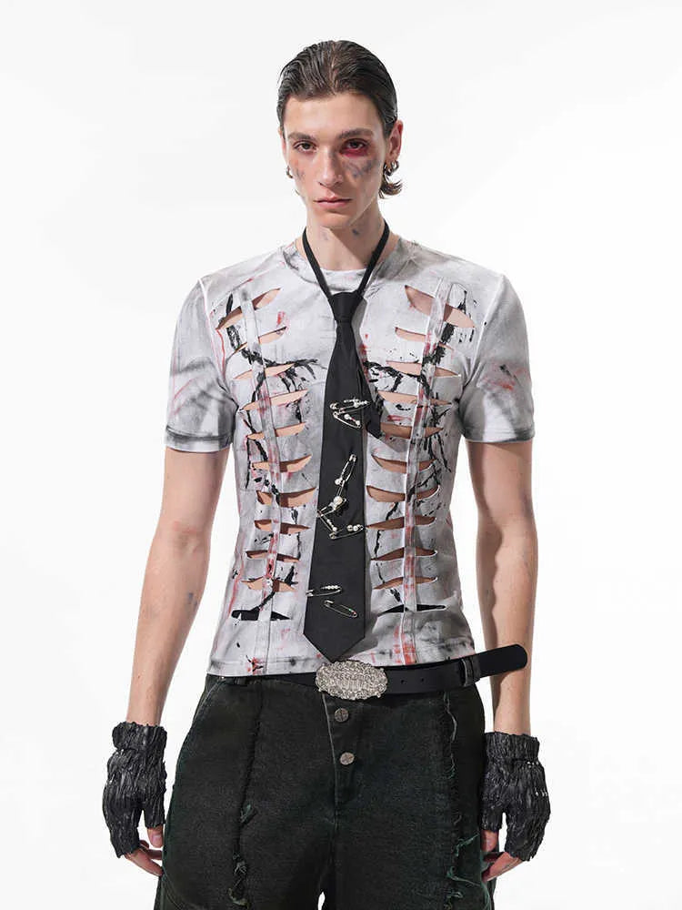 White men's cotton t-shirt with hollow-out cut detailing and short sleeves