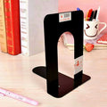 Metal non-slip bookend in blue showing books supported upright on a shelf