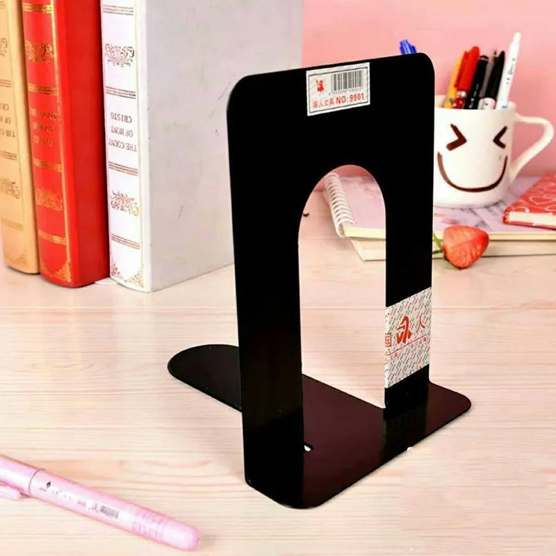 Metal non-slip bookend in blue showing books supported upright on a shelf