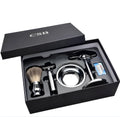 CSB men's shaving set with badger hair brush, chrome razor stand, double edge razor, and soap bowl