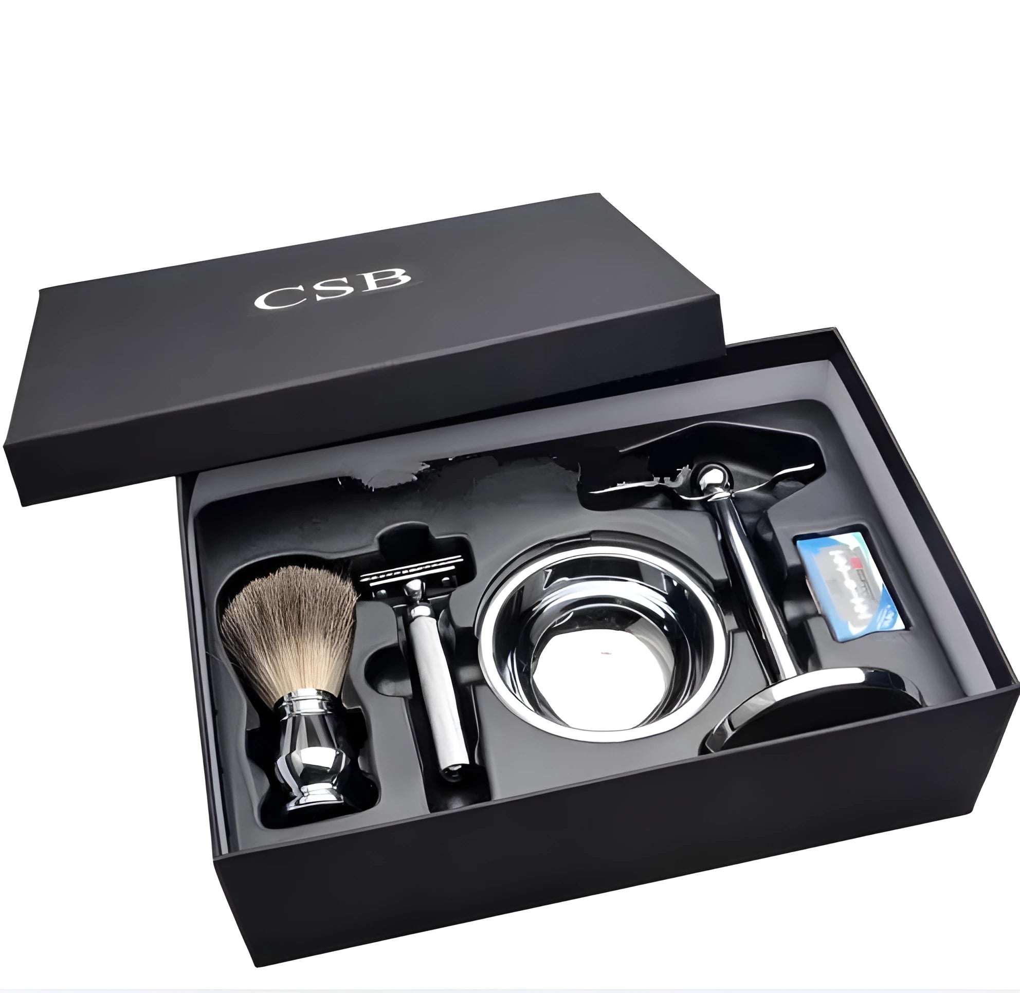 CSB men's shaving set with badger hair brush, chrome razor stand, double edge razor, and soap bowl