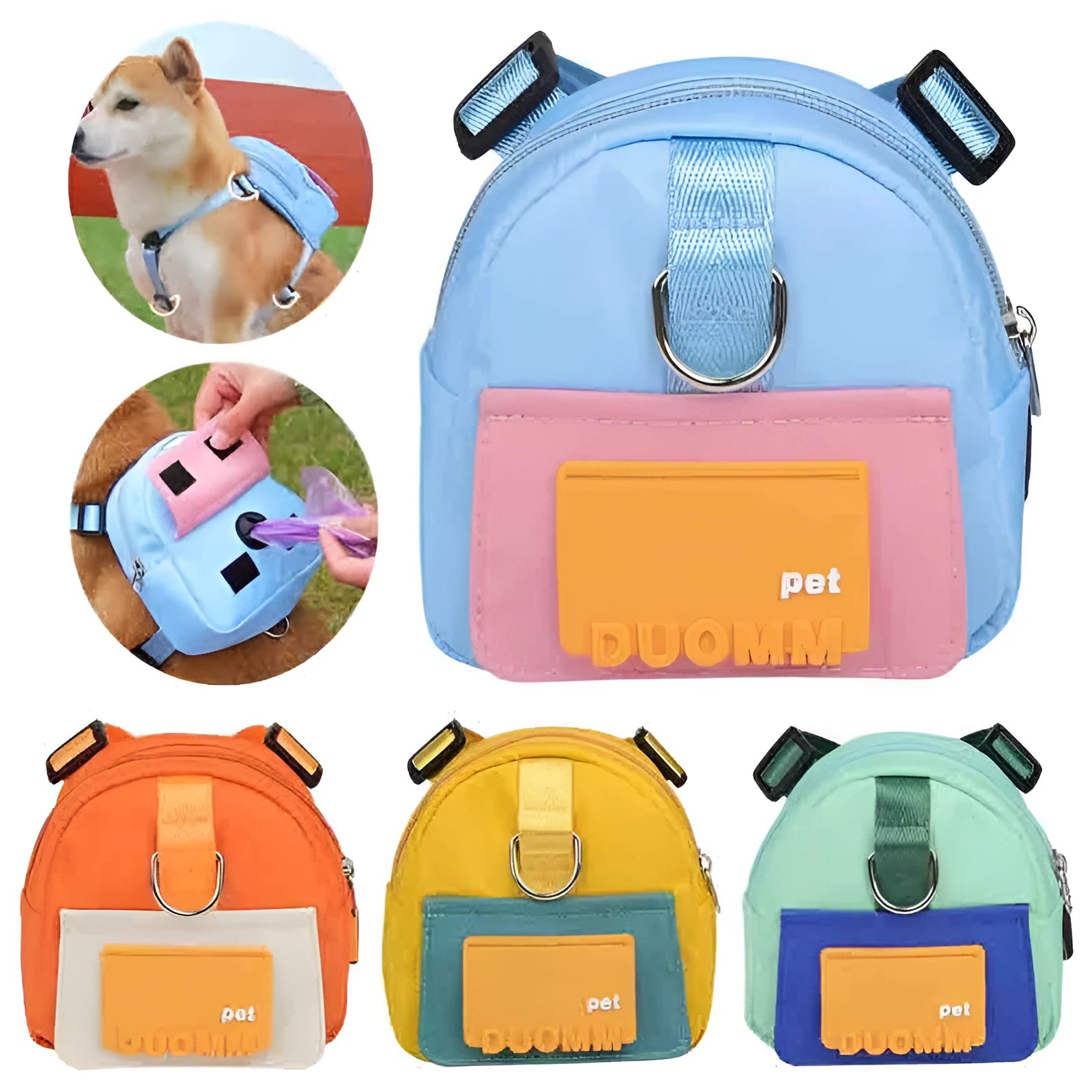 Blue adjustable dog backpack with snack storage compartments and breathable mesh panels