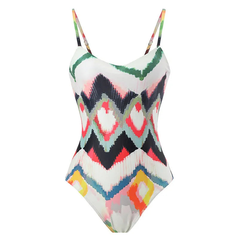 Women's striped two-piece swimsuit with matching hip skirt in gradient print