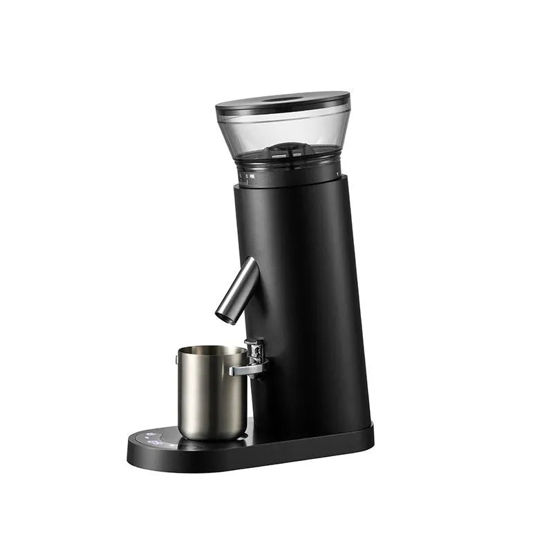 Retro style electric coffee grinder with stainless steel body in beige colour.