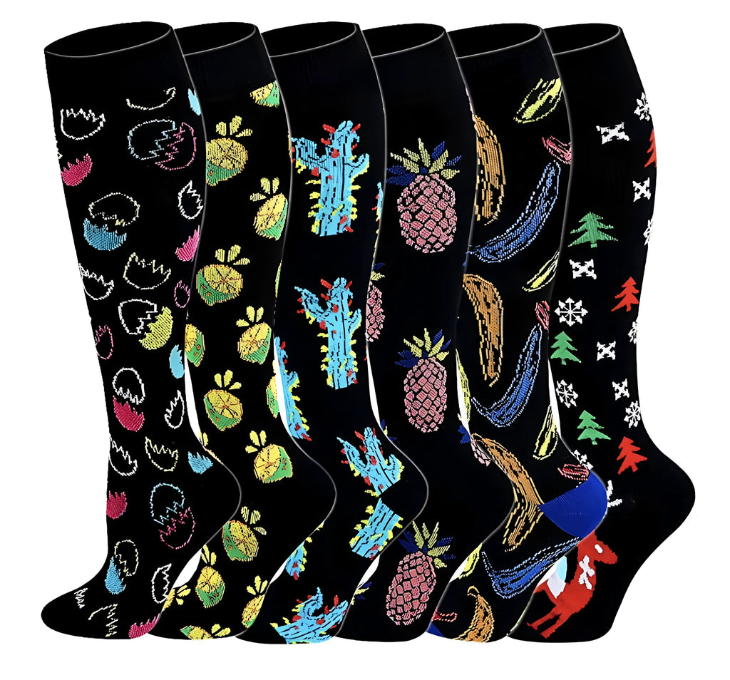 Pair of mixable compression socks in black nylon silk with jacquard pattern for cycling sports