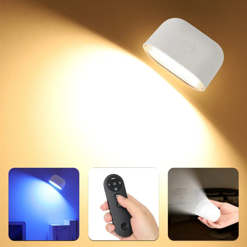White plastic magnetic wall lamp with remote control showing 360-degree rotation and adhesive mounting