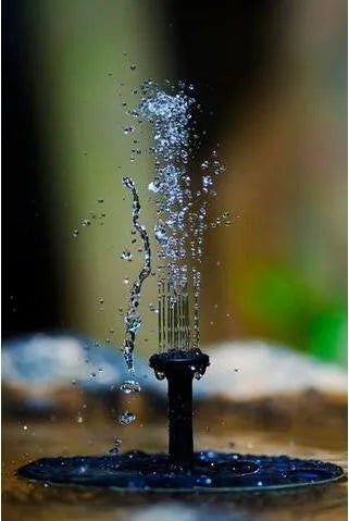 Black solar-powered fountain pump with solar panel and four spray nozzles for garden ponds.