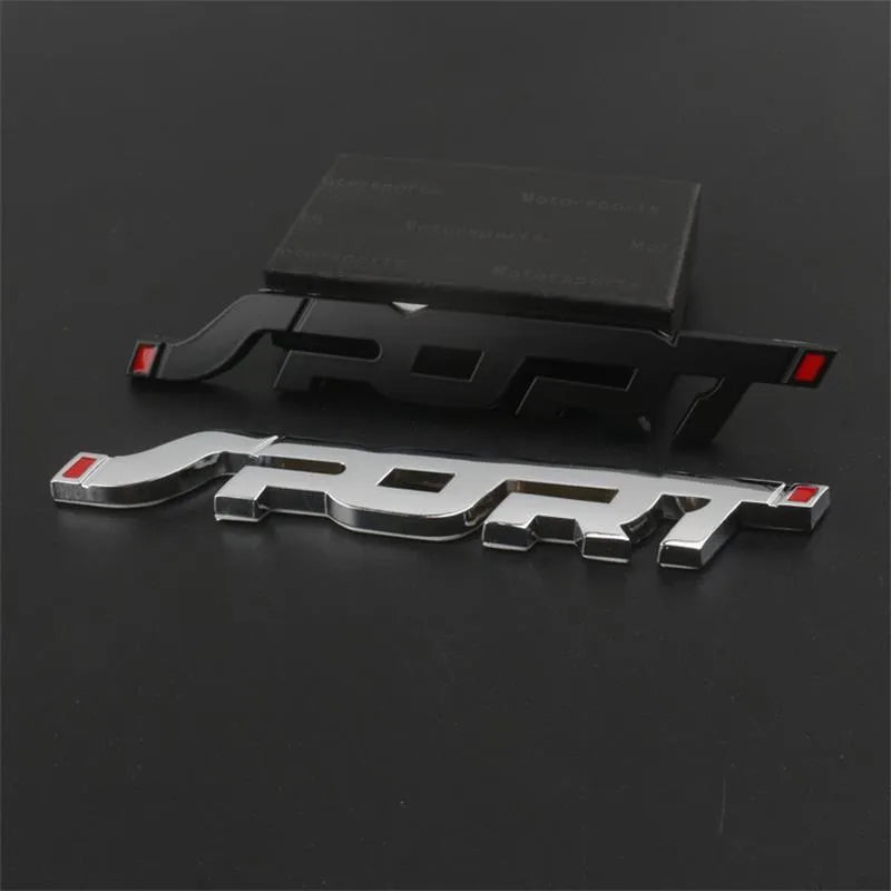 Metal car sticker with 3D effect in silver on a sports car exterior showing simple style