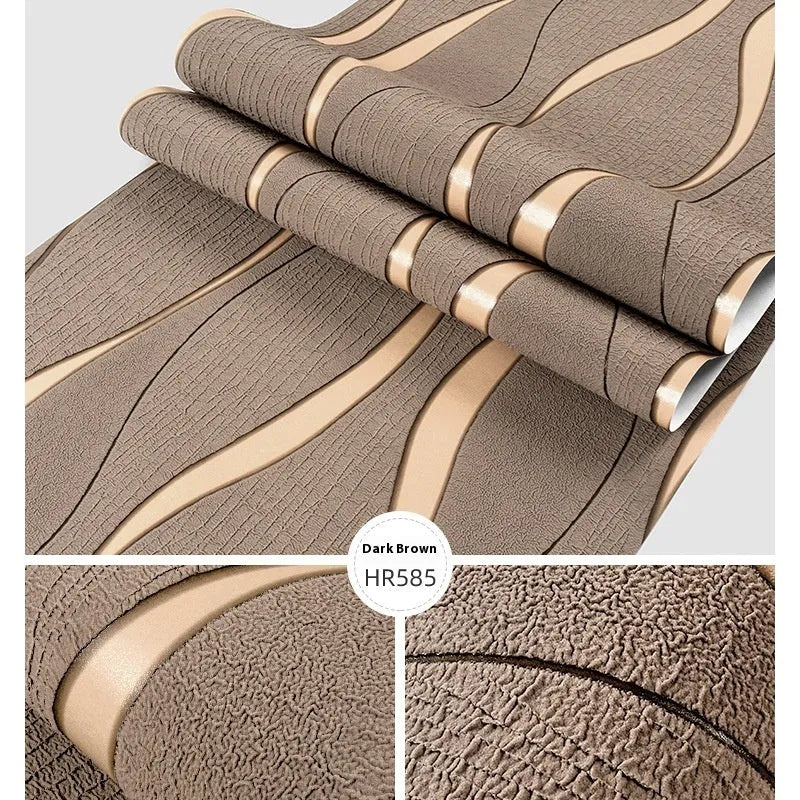 3D curve stripe pattern decorative wallpaper roll in light grey and dark brown deerskin velvet texture