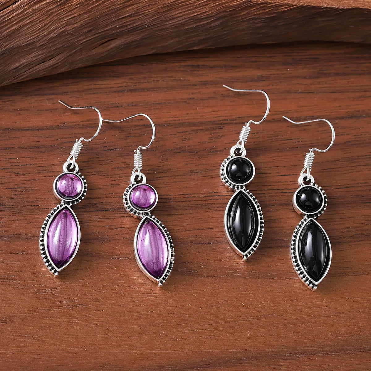 Vintage geometric earrings with black and purple pendants, zinc alloy bohemian jewellery for women