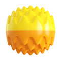 Blue and orange rubber dog ball with spiky texture for dental cleaning and a squeaker inside.