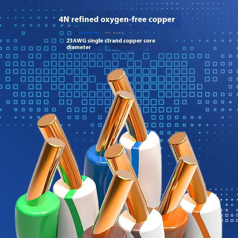 A 305-metre reel of blue Category 6 network cable with oxygen-free copper core, with cable end showing twisted pairs.