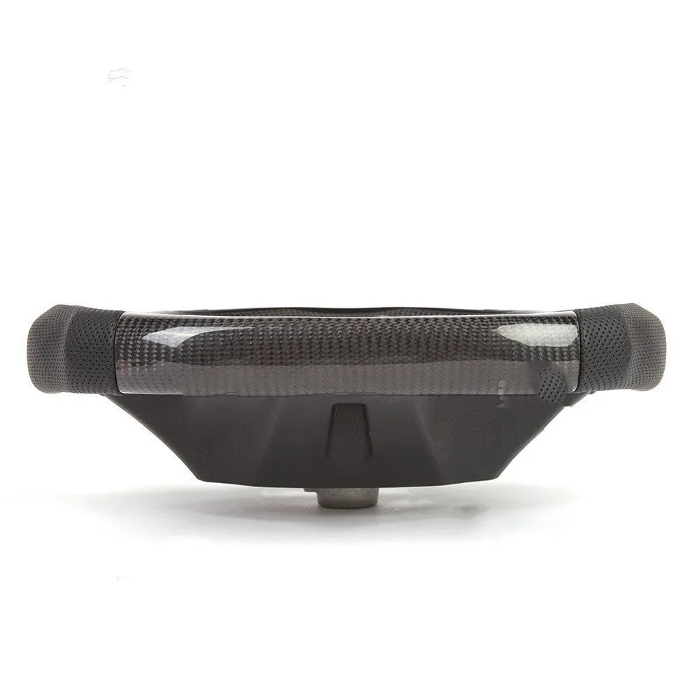 Black carbon fibre sports steering wheel with LED display for BMW X3 and X5 cars.