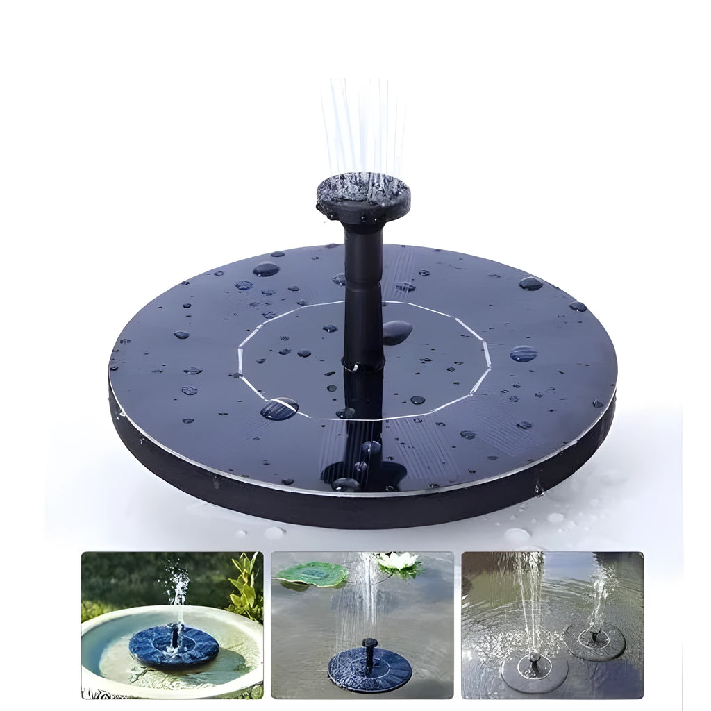 Black solar-powered fountain pump with solar panel and four spray nozzles for garden ponds.