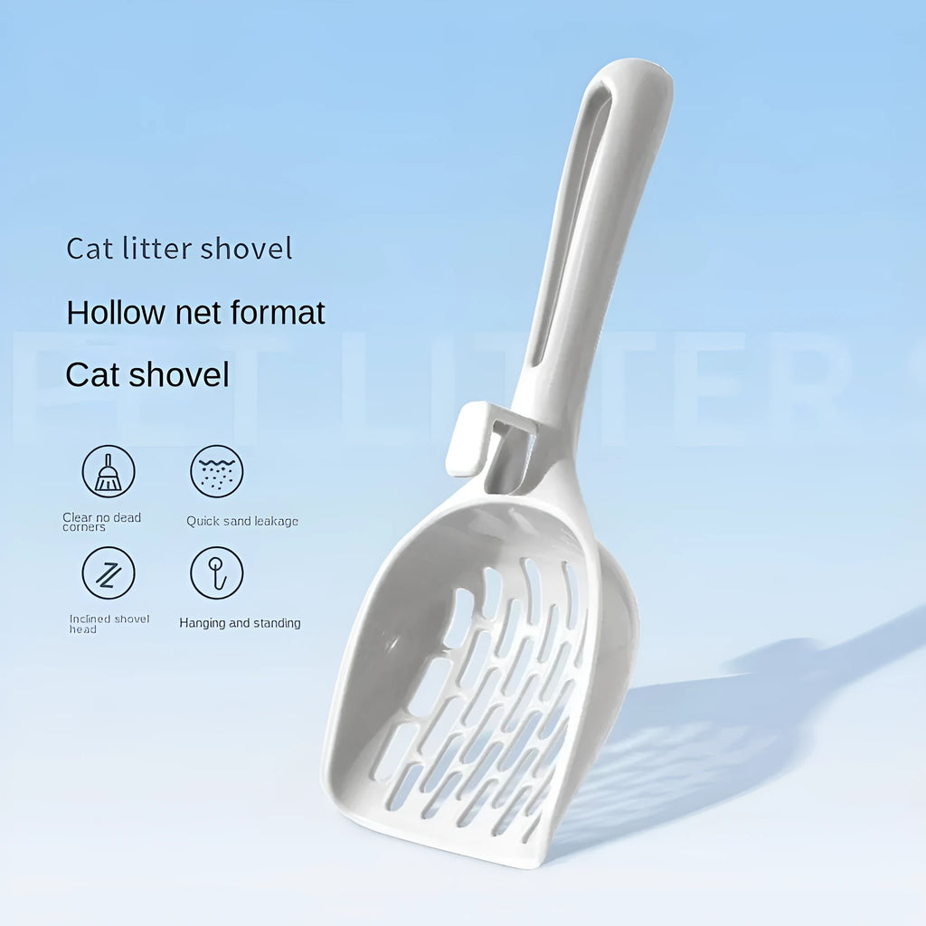 Grey plastic cat litter scoop with matching base tray for self-cleaning litter boxes