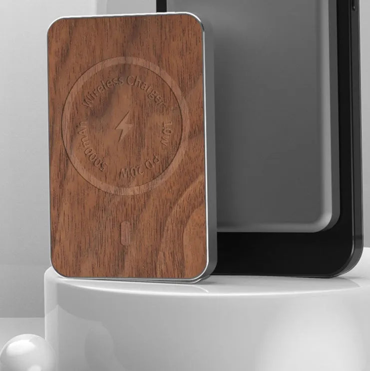 Khaki coloured magnetic wireless charging bank with alloy shell showing dimensions and charging ports