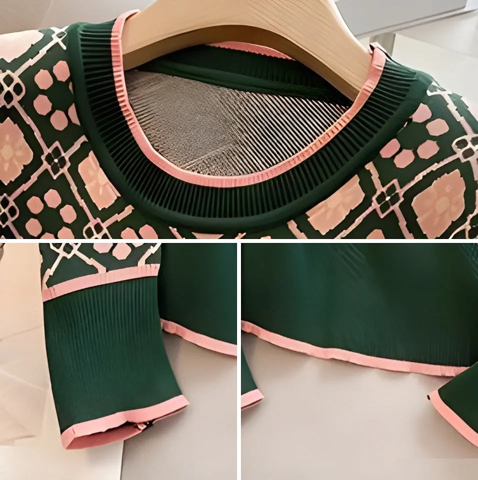 Green printed women's sweater with loose fit and regular sleeves for commuting style