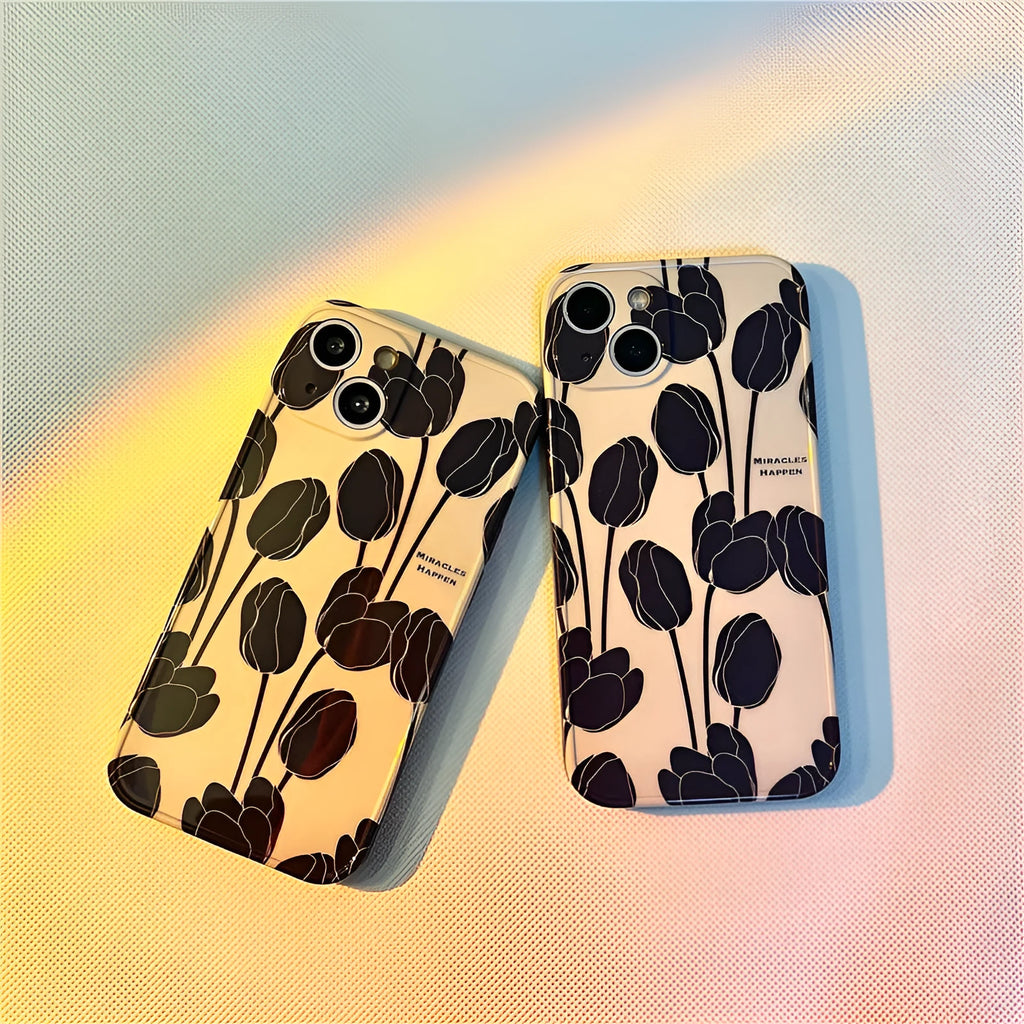 Black silicone iPhone case with intricate cold wind tulip pattern design on back cover