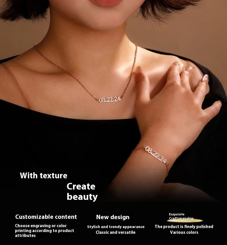 Stainless steel digital bracelet and necklace with diamond-set numbers in gold, rose gold, and steel finishes.