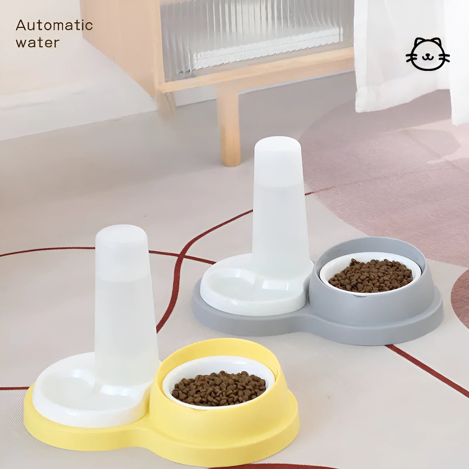 Grey and yellow pet dual bowl feeder with neck protection and anti-slip base