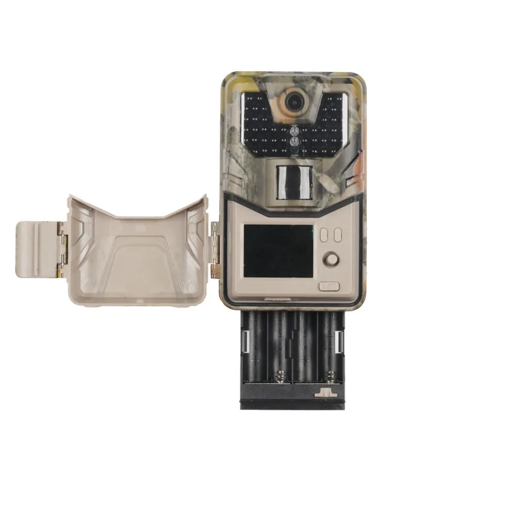 Camouflage outdoor hunting camera with infrared LEDs showing compact 16cm design for wildlife monitoring