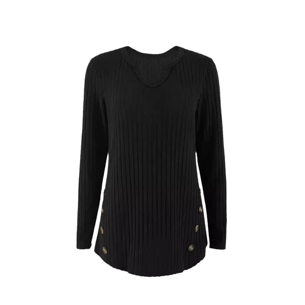 Simple solid colour knitted button sweater in black or grey green.