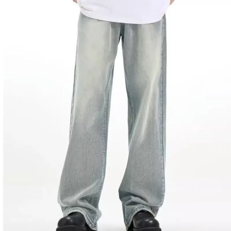 Blue retro loose fit casual trousers made from rabbit fur fabric on a neutral background.