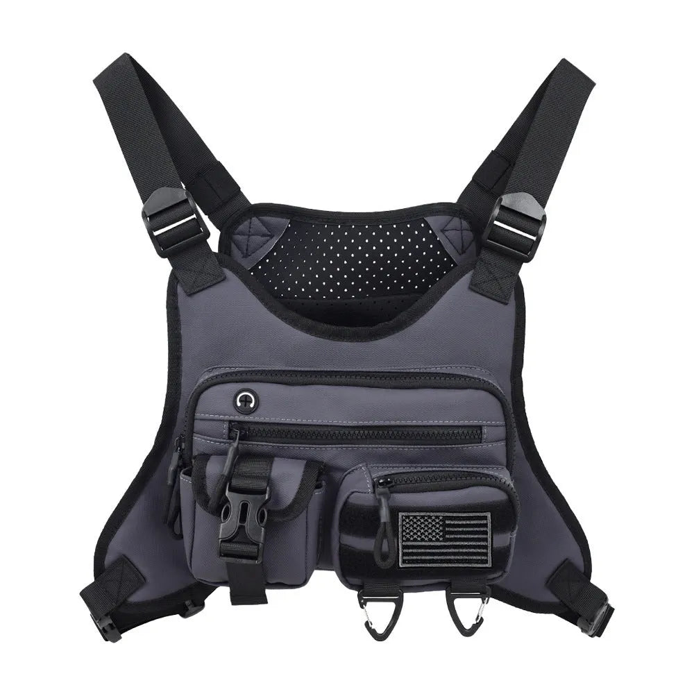 Men's black outdoor sports chest bag in a vest style, made from Oxford cloth.