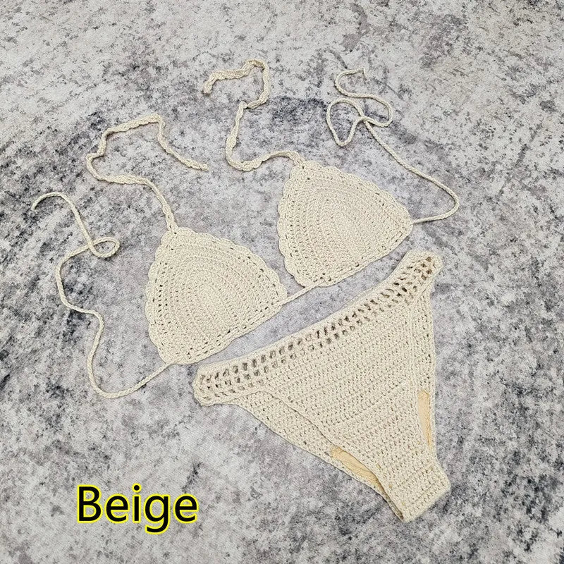 Women's 3-piece handmade crochet bikini set with nylon lining in solid colour options for beach and swimming.