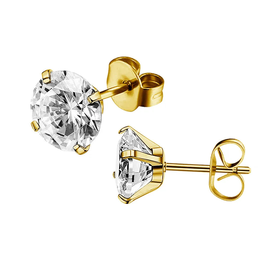 Square geometric stainless steel stud earrings with round zircon stone in centre, shown in gold and steel colour finishes