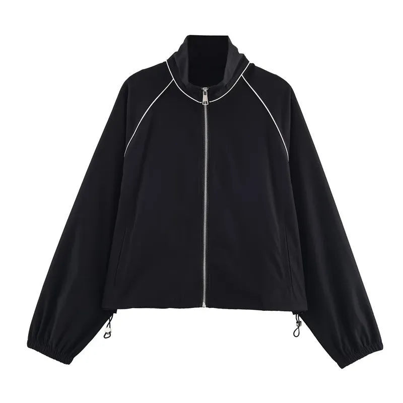 Women's black PU puffy jacket coat with long sleeves and front zipper, 50cm length, on plain background