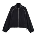 Women's black PU puffy jacket coat with long sleeves and front zipper, 50cm length, on plain background
