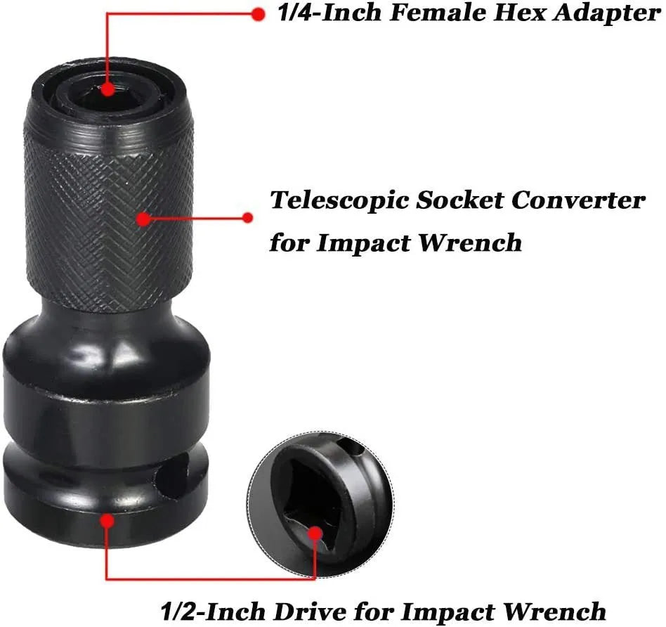 Square turn hexagonal handle telescopic bit holder scaling from 1/2 to 1/4 inch drive.