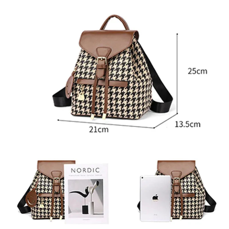 Women's houndstooth backpack in Ostrich with Khaki colour, medium size cylindrical shape with car stitching and contrast colour details